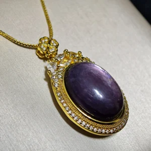 Lepidolite Serenity & Calm Pendant — natural 20.8×29.4mm Lepidolite tablet with mica shimmer set in gold-plated bezel with pave accents by Meruisa Crysta