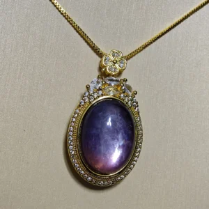 Lepidolite Serenity & Calm Pendant — natural 20.8×29.4mm Lepidolite tablet with mica shimmer set in gold-plated bezel with pave accents by Meruisa Crysta