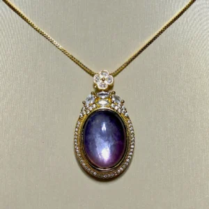 Lepidolite Serenity & Calm Pendant — natural 20.8×29.4mm Lepidolite tablet with mica shimmer set in gold-plated bezel with pave accents by Meruisa Crysta