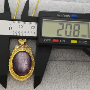 Lepidolite Serenity & Calm Pendant — natural 20.8×29.4mm Lepidolite tablet with mica shimmer set in gold-plated bezel with pave accents by Meruisa Crysta