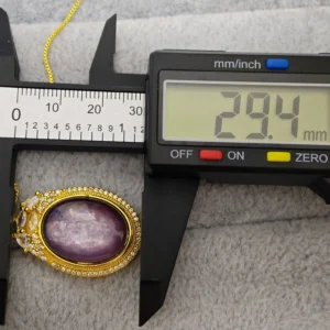 Lepidolite Serenity & Calm Pendant — natural 20.8×29.4mm Lepidolite tablet with mica shimmer set in gold-plated bezel with pave accents by Meruisa Crysta