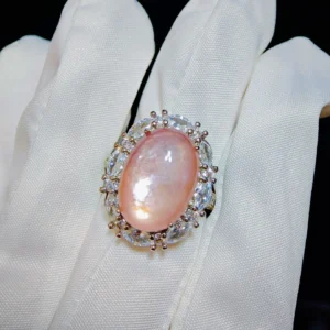 Lepidolite Serenity Crown Ring — 19mm natural blush-toned Lepidolite cabochon set in brilliant-cut diamond halo by Meruisa Crystal