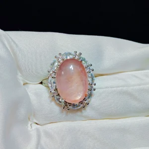 Lepidolite Serenity Crown Ring — 19mm natural blush-toned Lepidolite cabochon set in brilliant-cut diamond halo by Meruisa Crystal