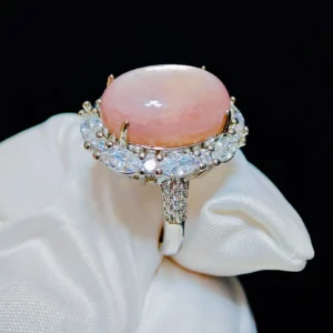 Lepidolite Serenity Crown Ring — 19mm natural blush-toned Lepidolite cabochon set in brilliant-cut diamond halo by Meruisa Crystal