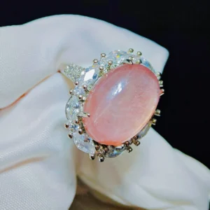 Lepidolite Serenity Crown Ring — 19mm natural blush-toned Lepidolite cabochon set in brilliant-cut diamond halo by Meruisa Crystal