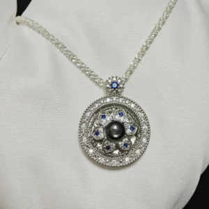 Obsidian · Guidance Compass Pendant/Necklace — compass pendant with natural Black Obsidian center, pave diamond halo, and Sapphire accents by Meruisa Crystal