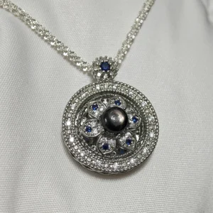 Obsidian · Guidance Compass Pendant/Necklace — compass pendant with natural Black Obsidian center, pave diamond halo, and Sapphire accents by Meruisa Crystal