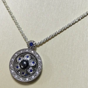 Obsidian · Guidance Compass Pendant/Necklace — compass pendant with natural Black Obsidian center, pave diamond halo, and Sapphire accents by Meruisa Crystal