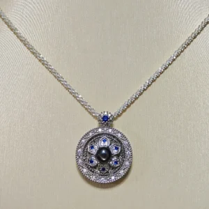 Obsidian · Guidance Compass Pendant/Necklace — compass pendant with natural Black Obsidian center, pave diamond halo, and Sapphire accents by Meruisa Crystal