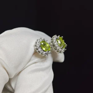 Peridot Serenity & Renewal Stud Earrings in sterling silver with zirconia halo by Meruisa Crystal