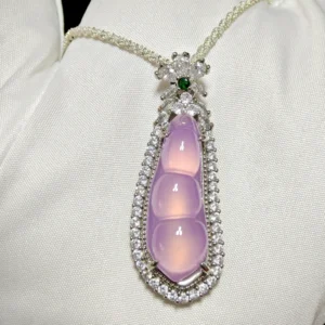 Purple Chalcedony Pea Pendant — natural purple chalcedony pea pod with full zirconia accents on silver setting by Meruisa Crystal