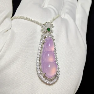 Purple Chalcedony Pea Pendant — natural purple chalcedony pea pod with full zirconia accents on silver setting by Meruisa Crystal