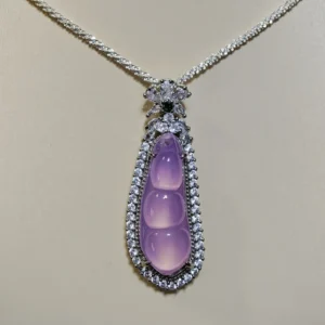 Purple Chalcedony Pea Pendant — natural purple chalcedony pea pod with full zirconia accents on silver setting by Meruisa Crystal