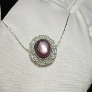 Lepidolite Intuition & Inner Fire Pendant — natural cabochon Lepidolite set in silver-plated copper filigree by Meruisa Crystal