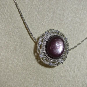 Lepidolite Intuition & Inner Fire Pendant — natural cabochon Lepidolite set in silver-plated copper filigree by Meruisa Crystal