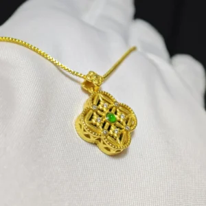 Green Jadeite Fortune & Serenity Four-Leaf Clover Reversible Pendant in gold-plated sterling silver with pavé accents by Meruisa Crystal