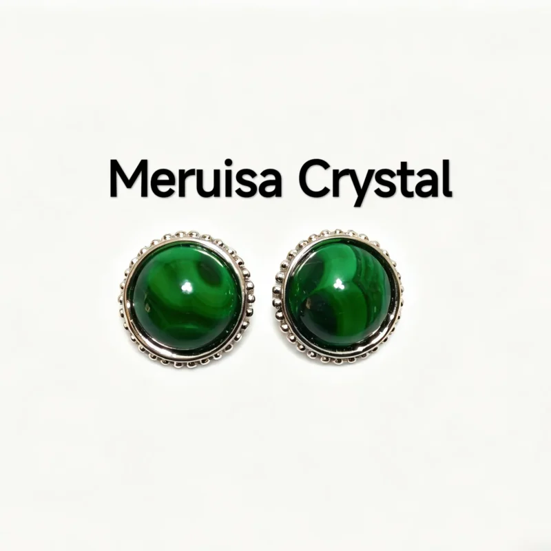 Natural Malachite Healing & Protection Round Stud Earrings in 925 sterling silver with beaded halo by Meruisa Crystal