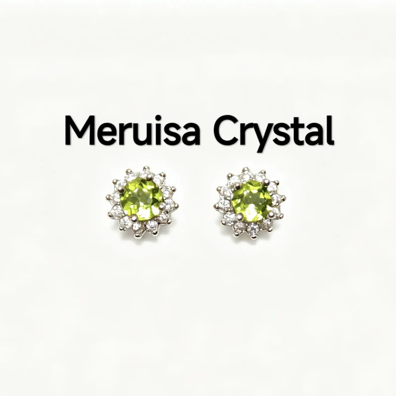 Green Peridot Sunflower Stud Earrings with Zircon Halo in 925 Sterling Silver by Meruisa Crystal