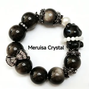 Guardian Light Silver Obsidian Bracelet — 18mm natural Silver Obsidian beads with freshwater pearl, White Mother of Pearl sliding charm, and 20.6mm Silver Obsidian bear by Meruisa Crystal