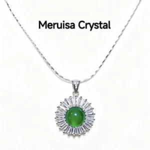 Sunflower Radiance Green Chrysoprasey Pendant — natural green chrysoprasey with Zirconia halo by Meruisa Crystal