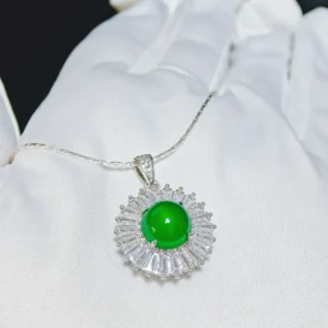 Sunflower Radiance Green Chrysoprasey Pendant — natural green chrysoprasey with Zirconia halo by Meruisa Crystal