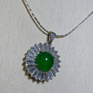 Sunflower Radiance Green Chrysoprasey Pendant — natural green chrysoprasey with Zirconia halo by Meruisa Crystal