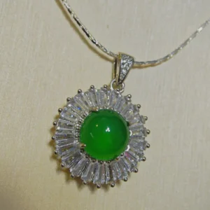 Sunflower Radiance Green Chrysoprasey Pendant — natural green chrysoprasey with Zirconia halo by Meruisa Crystal