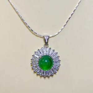 Sunflower Radiance Green Chrysoprasey Pendant — natural green chrysoprasey with Zirconia halo by Meruisa Crystal