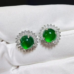 Sunflower Radiance Green Chrysoprasey Stud Earrings — natural green chalcedony with zirconia halo on S925 silver by Meruisa Crystal
