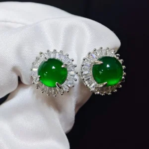Sunflower Radiance Green Chrysoprasey Stud Earrings — natural green chalcedony with zirconia halo on S925 silver by Meruisa Crystal