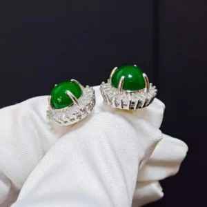 Sunflower Radiance Green Chrysoprasey Stud Earrings — natural green chalcedony with zirconia halo on S925 silver by Meruisa Crystal