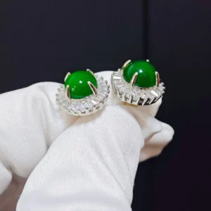 Sunflower Radiance Green Chrysoprasey Stud Earrings — natural green chalcedony with zirconia halo on S925 silver by Meruisa Crystal