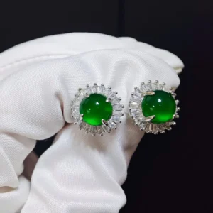 Sunflower Radiance Green Chrysoprasey Stud Earrings — natural green chalcedony with zirconia halo on S925 silver by Meruisa Crystal