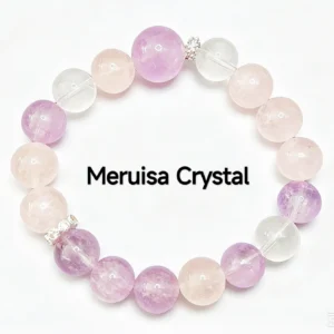 Trio of Light Bracelet — 10.9mm beaded bracelet with natural Milky Quartz, Rose Quartz, and Lavender Amethyst, featuring a 13.1mm Lavender Amethyst crown bead by Meruisa Crystal