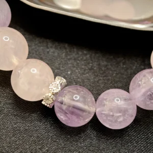 Trio of Light Bracelet — 10.9mm beaded bracelet with natural Milky Quartz, Rose Quartz, and Lavender Amethyst, featuring a 13.1mm Lavender Amethyst crown bead by Meruisa Crystal