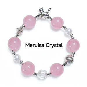 Whisker & Blush Rose Quartz Bracelet — 14.4mm natural rose quartz beads with shell pearl accents, square clear quartz, and silver cat charm by Meruisa Crystal