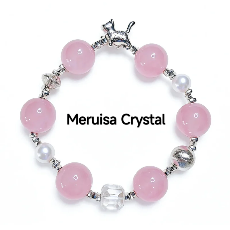 Whisker & Blush Rose Quartz Bracelet — 14.4mm natural rose quartz beads with shell pearl accents, square clear quartz, and silver cat charm by Meruisa Crystal
