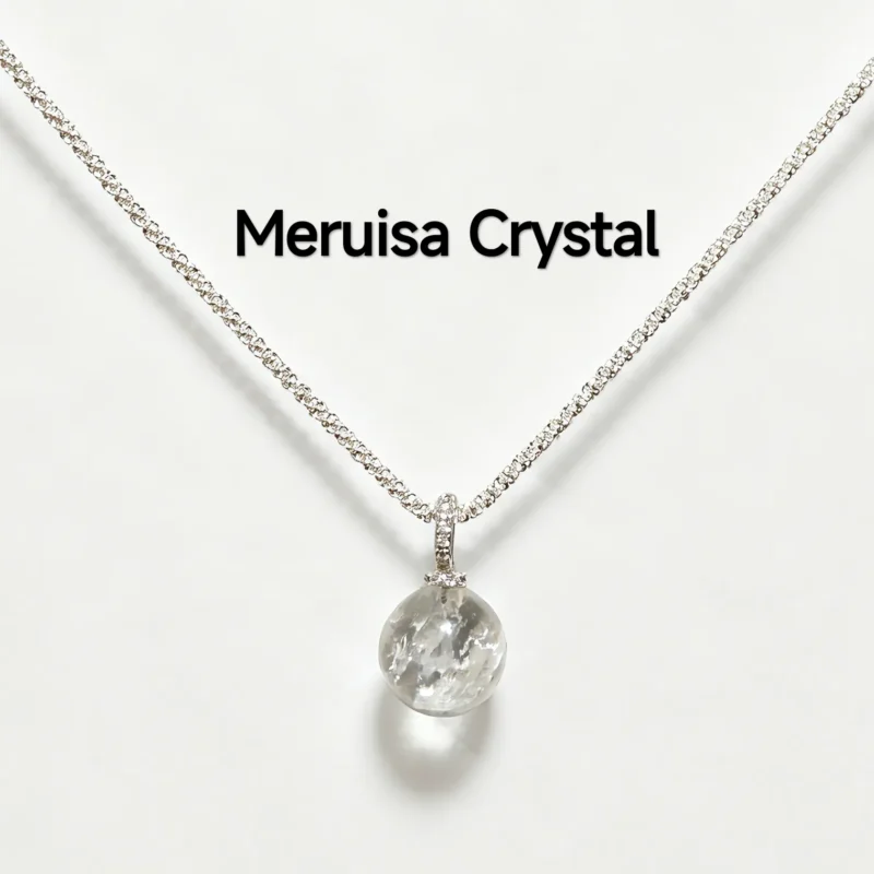White Azeztulite Purity & Awakening Pendant — natural precision-cut Azeztulite sphere set in silver-plated copper with pave accents by Meruisa Crystal