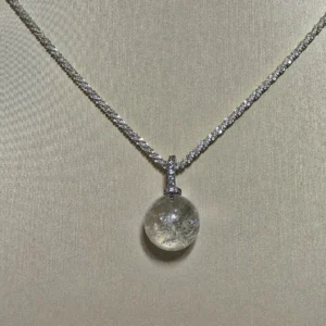 White Azeztulite Purity & Awakening Pendant — natural precision-cut Azeztulite sphere set in silver-plated copper with pave accents by Meruisa Crystal
