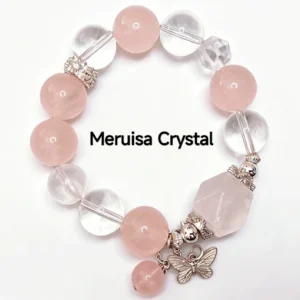 Wild Bloom Bracelet — mixed Rose Quartz rounds, Clear Quartz free‑forms, and White Phantom crown with silver butterfly charm by Meruisa Crystal