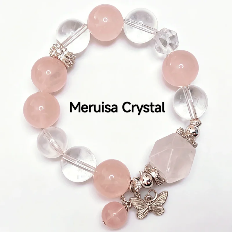 Wild Bloom Bracelet — mixed Rose Quartz rounds, Clear Quartz free‑forms, and White Phantom crown with silver butterfly charm by Meruisa Crystal