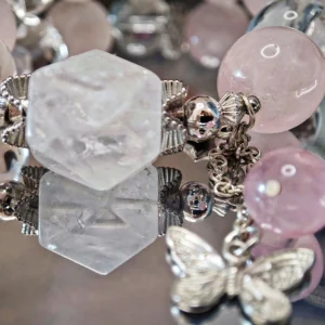 Wild Bloom Bracelet — mixed Rose Quartz rounds, Clear Quartz free‑forms, and White Phantom crown with silver butterfly charm by Meruisa Crystal
