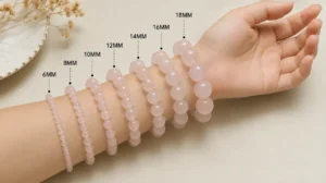 Crystal Bead Size Guide, Comparison of natural crystal bracelet bead sizes from 6mm to 18mm displayed on the same wrist to demonstrate differences in appearance and scale.