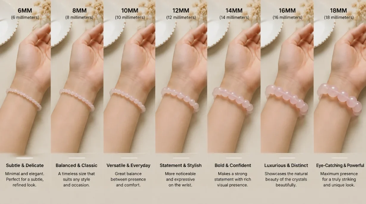 Crystal Bead Size Guide Visual comparison of 6mm, 8mm, 10mm, 12mm, 14mm, 16mm and 18mm natural crystal bracelet bead sizes displayed on the same wrist.