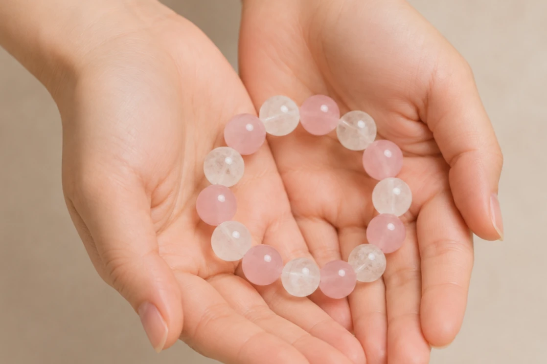 Crystal Bead Size Guide Hands gently holding a handcrafted White Azeztulite and Rose Quartz crystal bracelet with care.