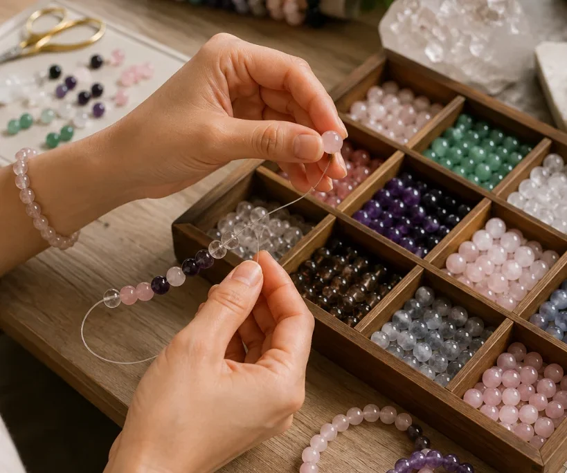 Crystal Bead Size Guide Jewelry artisan selecting natural crystal beads while handcrafting a crystal bracelet-Crystal Bead Size Guide at Meruisa Crystal