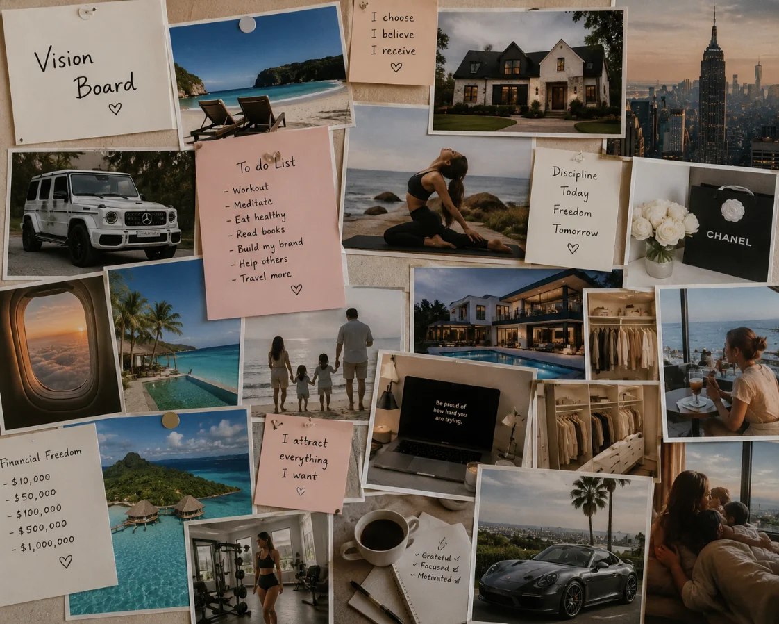 Vision board featuring travel destinations, dream home, family, luxury lifestyle, personal goals, and daily intentions for manifestation and personal growth | Meruisa Crystal