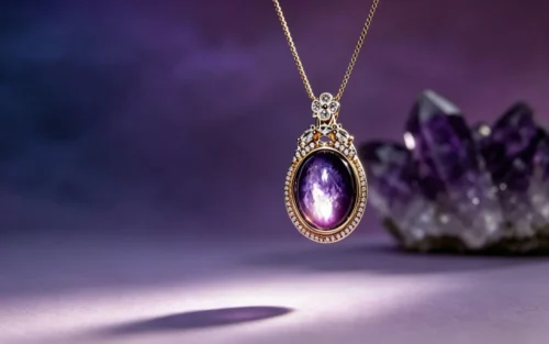 Manifestation with Crystals: Beginner's Guide Lepidolite crystal necklace on dark purple background - manifestation with crystals beginner guide feature image