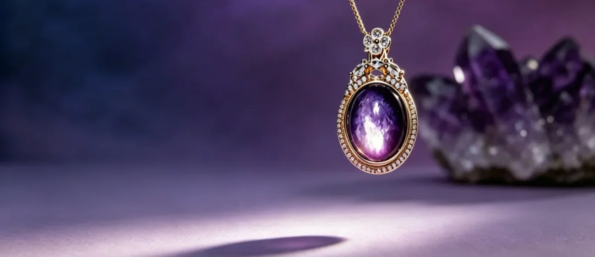 Lepidolite crystal necklace on dark purple background - manifestation with crystals beginner guide hero image 