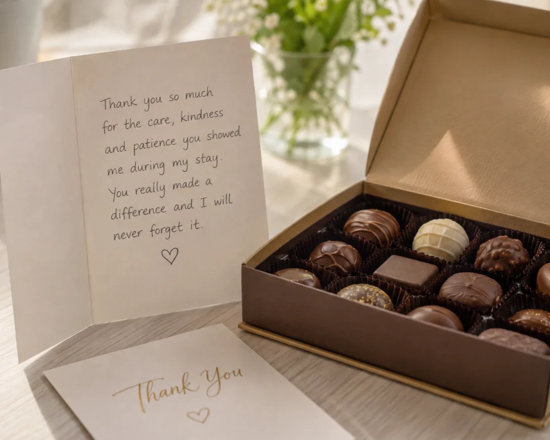 Handwritten thank-you card beside a box of chocolates, expressing gratitude for compassionate care and symbolizing kindness, appreciation, and meaningful human connection.